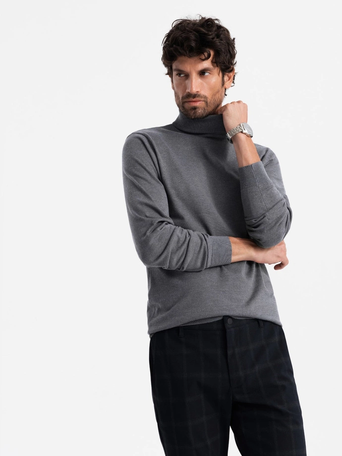 One color men's knitted turtleneck with viscose - grey melange V2 OM-SWTN-0101 