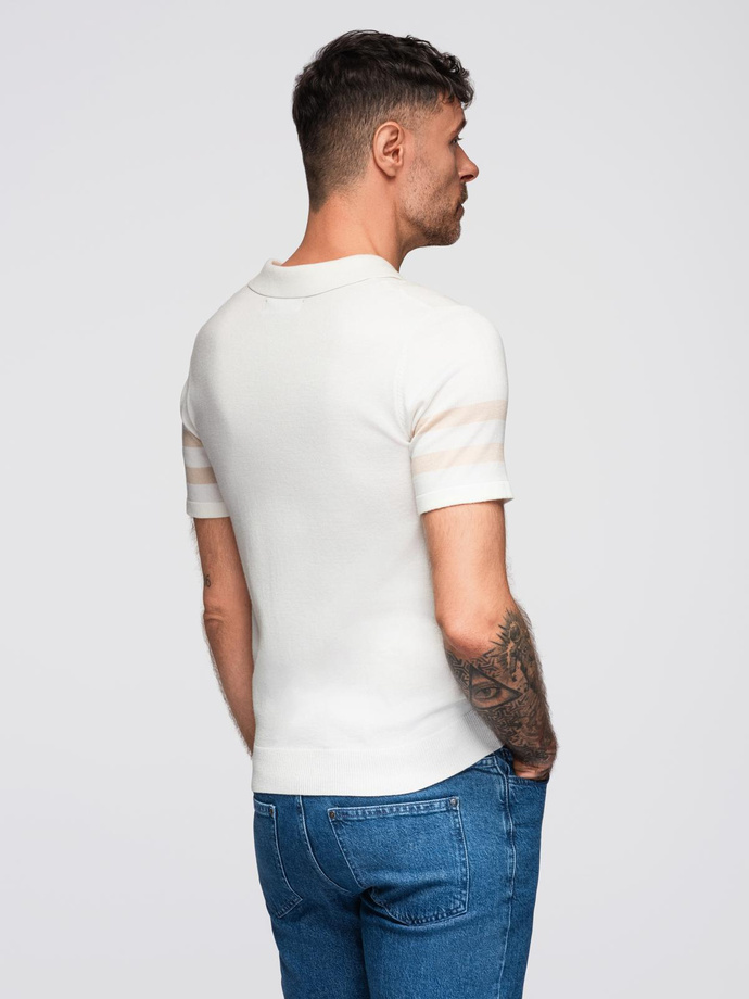 Pánská polokošile z měkkého úpletu s kontrastními pruhy - krémová V3 OM-POSS-0118