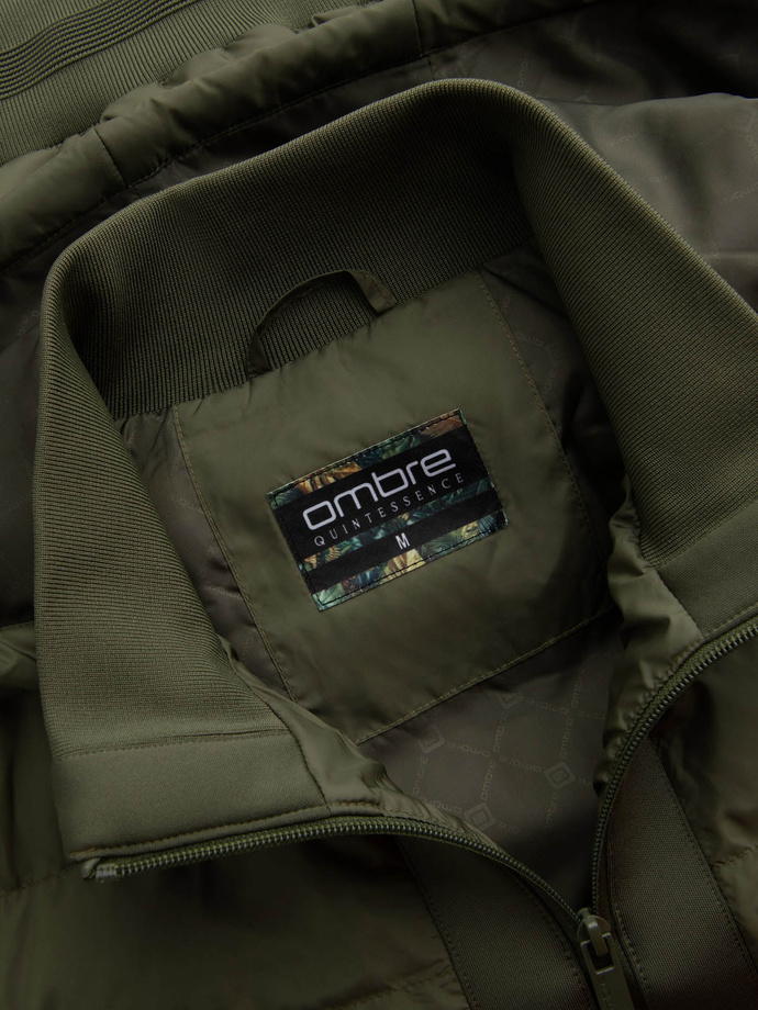 Pánská prošívaná bunda bomber s vysokým límcem - tmavě olivově zelená V3 OM-JALP-0140