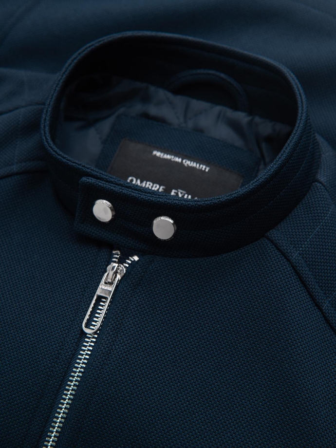 Men's biker jacket with collar and pockets - navy blue V1 OM-JALP-0157