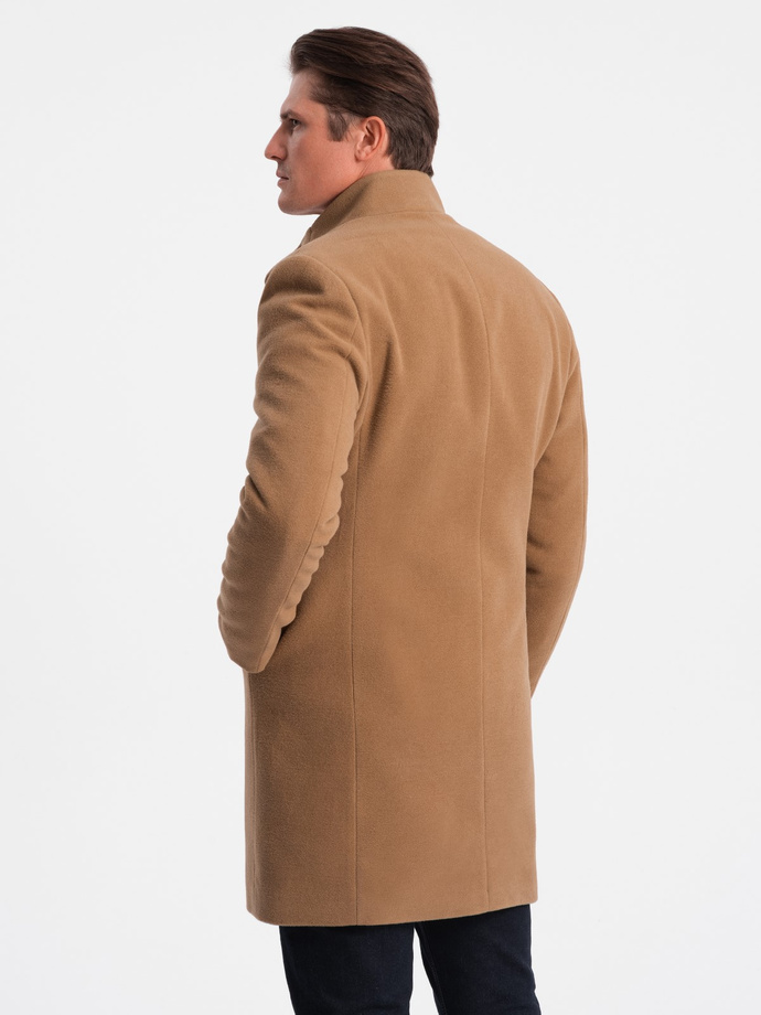 Men's coat with asymmetrical fastening - camel V4 OM-COWC-0102