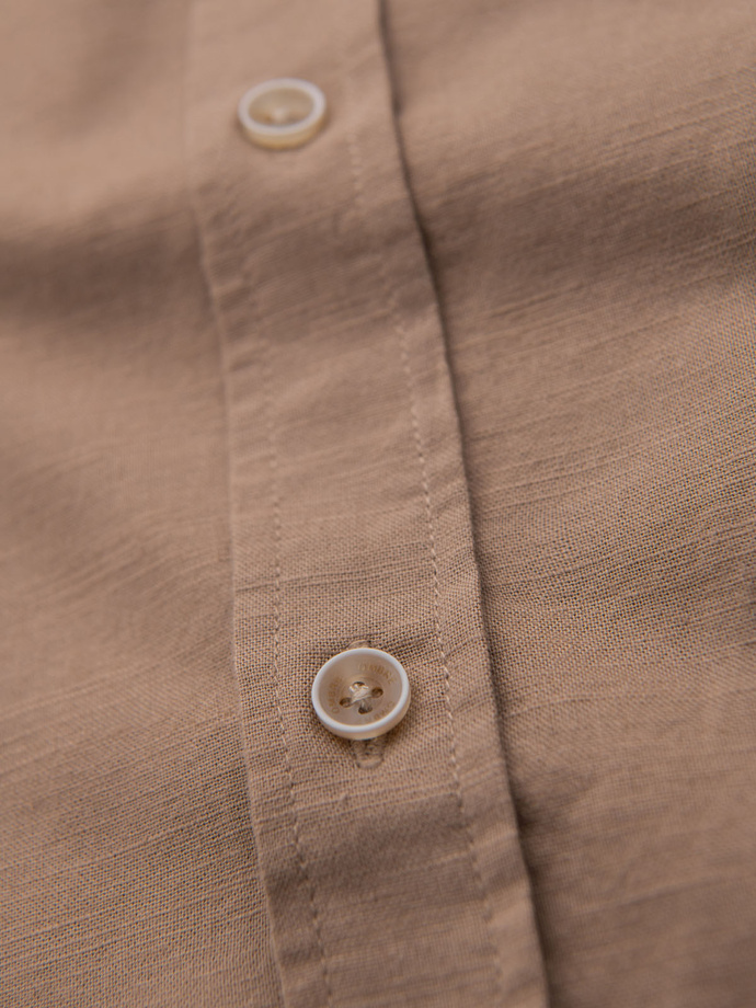 Men's linen shirt with classic collar and pockets REGULAR FIT - light brown V7 OM-SHCS-0134