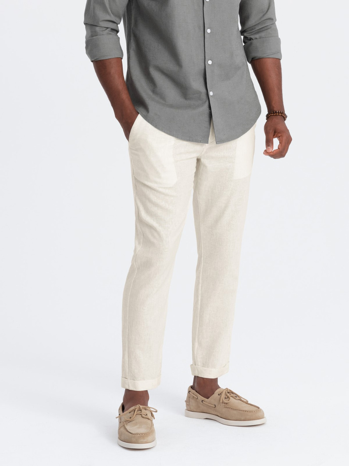 Men's linen blend roll-up chino pants - cream V2 OM-PACP-0198