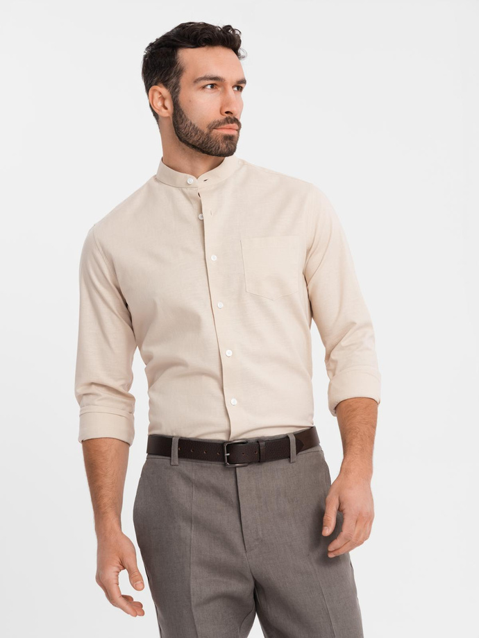 Vyriški lininiai marškiniai su apykakle ir kišenėmis REGULAR FIT - kreminiai V3 OM-SHCS-0161