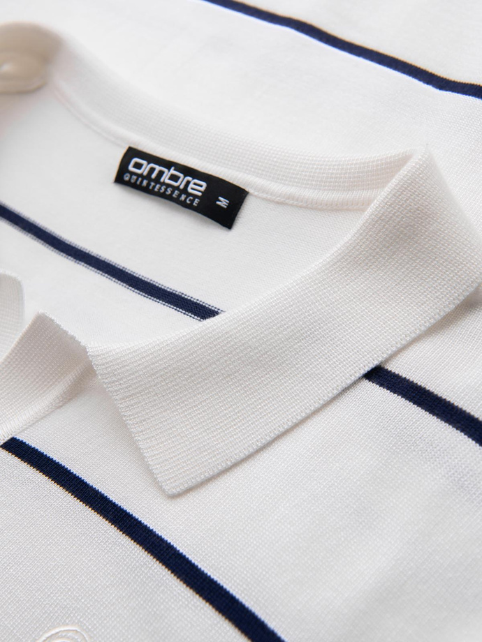Men's horizontal striped polo longsleeve with viscose - white and navy blue V2 OM-POLS-0146