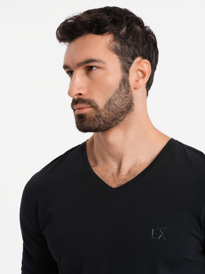 pánské tričko s výstřihem do V SLIM FIT s elastanem a potiskem - černé V1 OM-LSBC-0123