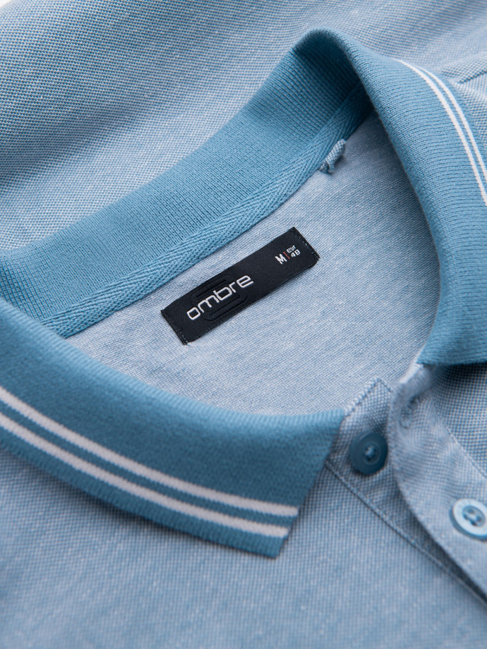 Men's melange polo shirt with striped collar - blue V3 OM-POSS-0109