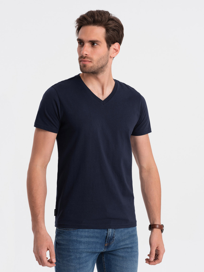 Tricou clasic din bumbac pentru bărbați BASIC cu guler în V - albastru marin V2 OM-TSBS-0145