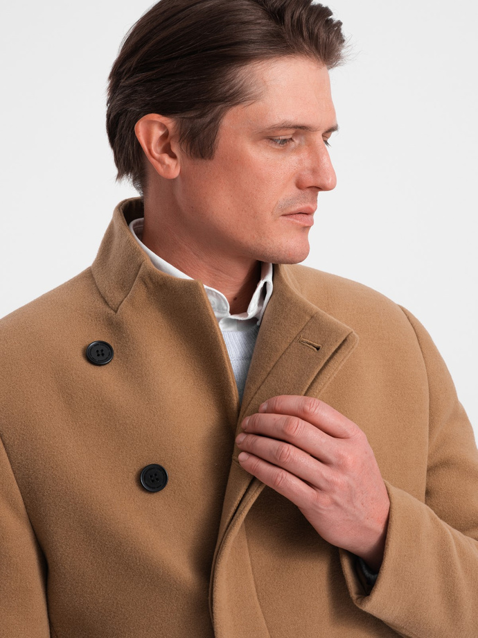 Men's coat with asymmetrical fastening - camel V4 OM-COWC-0102