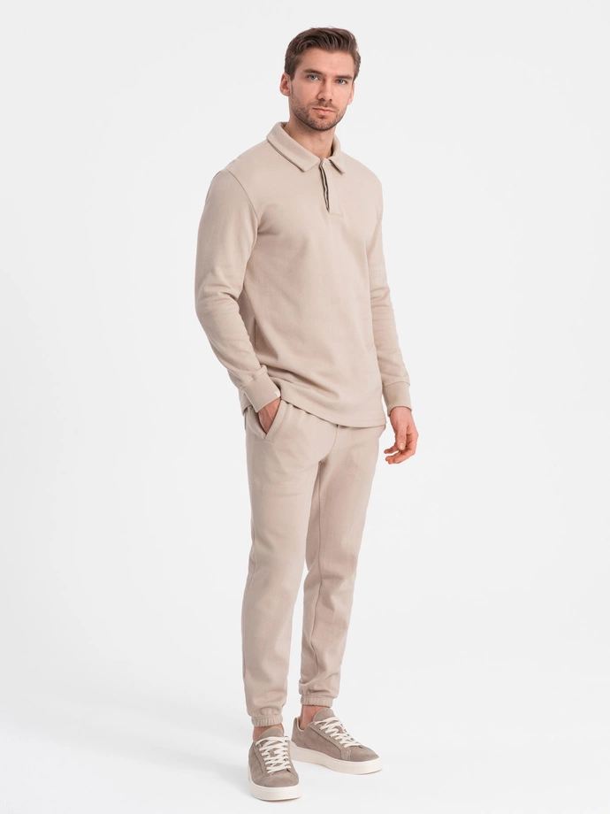 Men's tracksuit set sweatshirt with polo collar + pants - beige V2 Z71