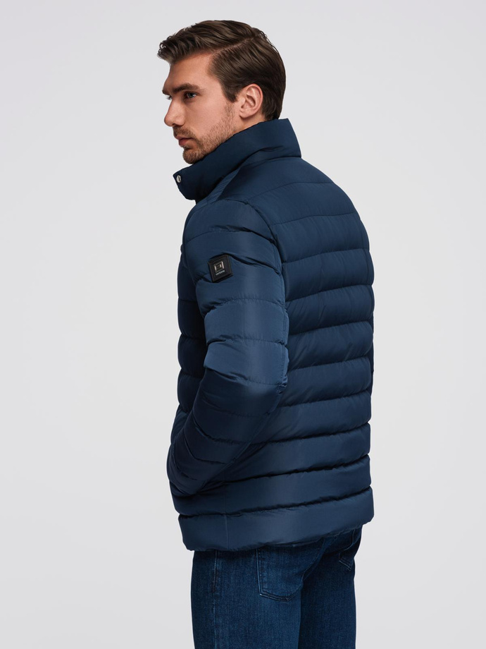 Men's quilted jacket with stand-up collar and chest zips - navy blue V2 OM-JALP-0260