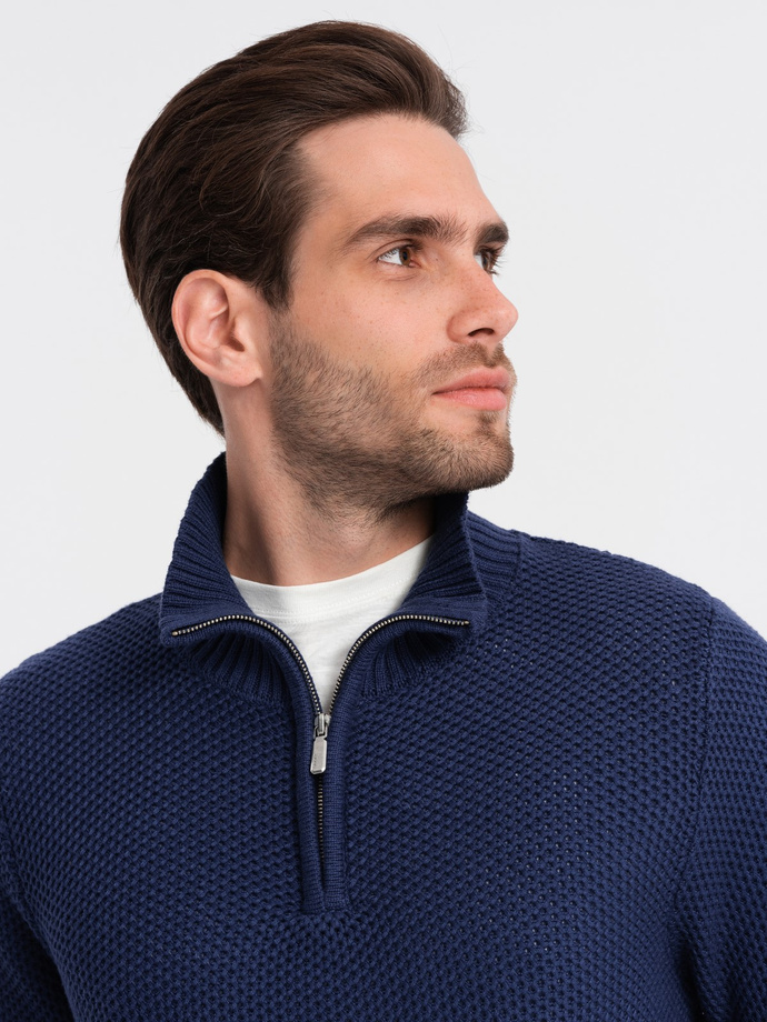 Men's knitted sweater with spread collar - dark blue V7 OM-SWZS