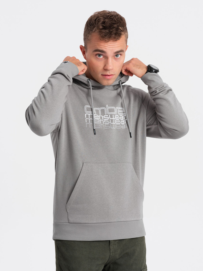 Men's non-stretch hooded sweatshirt with print - grey V2 OM-SSPS-0153