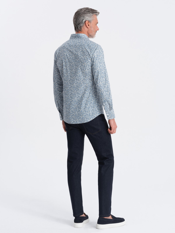 Cămașă bărbătească SLIM FIT cu imprimeu frunze mici - albastru deschis V1 OM-SHPS-0163
