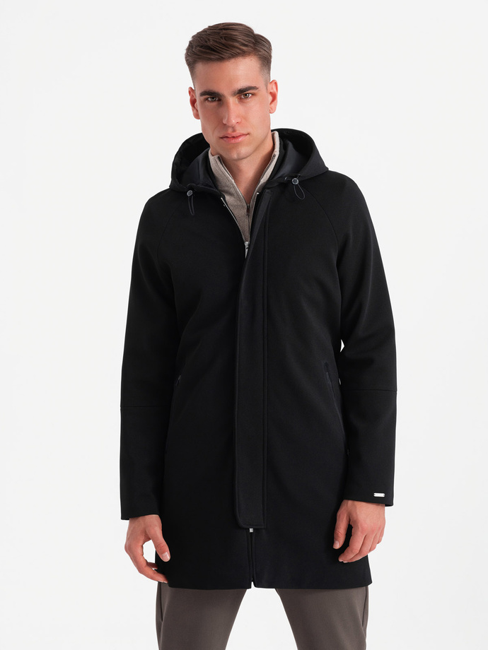 Men's hooded coat in fine pinstripe - black V2 OM-COSC-0112