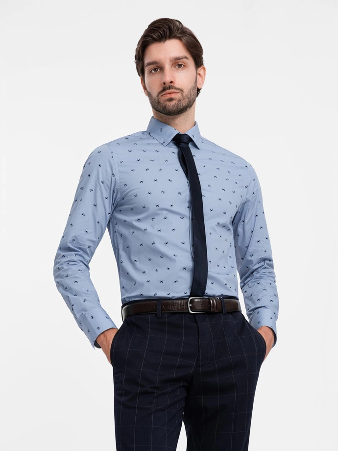 Pánska klasická bavlnená košeľa SLIM FIT s krabmi - svetlomodrá V6 OM-SHCS-0156