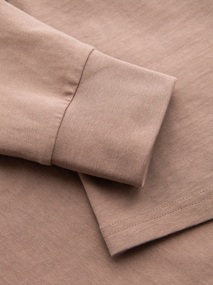 Men's cotton longsleeve with striped U neckline and embroidery - brown V6 OM-LSCL-0128