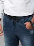 Pantaloni jogger din denim pentru bărbați cu rupturi și fermoare - albastru închis V1 OM-PADJ-0243