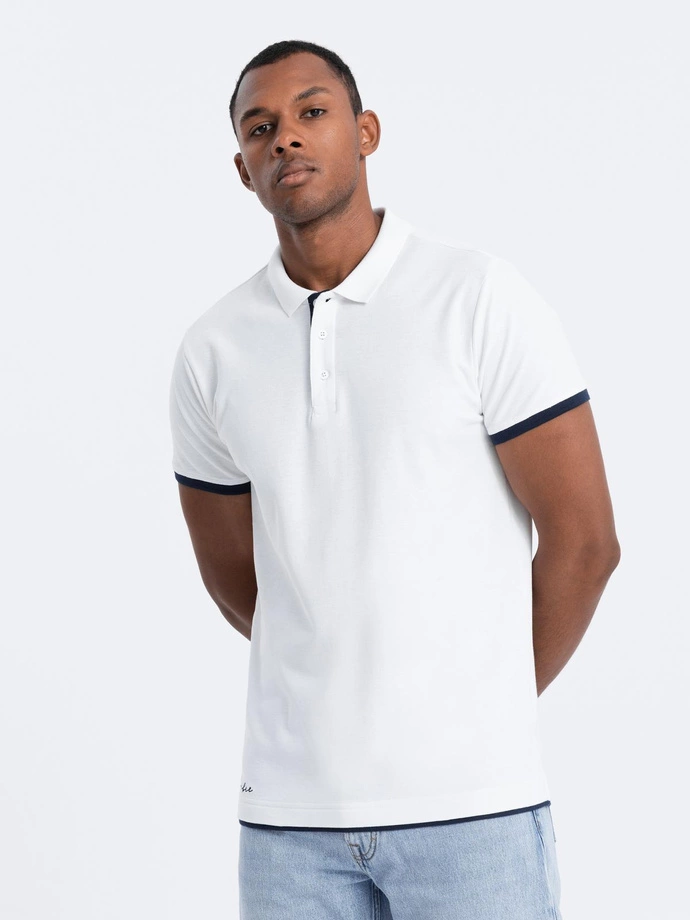 Men's cotton polo shirt with contrast trim - white V1 OM-POSS-0113