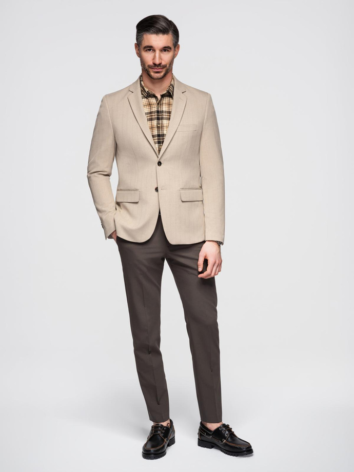Elegantiška vyriška SLIM FIT striukė su rayonu - smėlio spalvos V2 OM-BLZB-0135