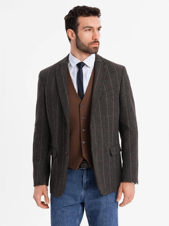 Blazer bărbătesc elegant din amestec de lână - grafit V3 OM-BLZB-0137
