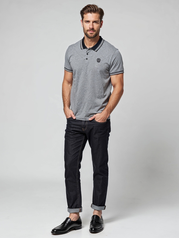 Men's melange polo shirt with striped collar - black V1 OM-POSS-0109