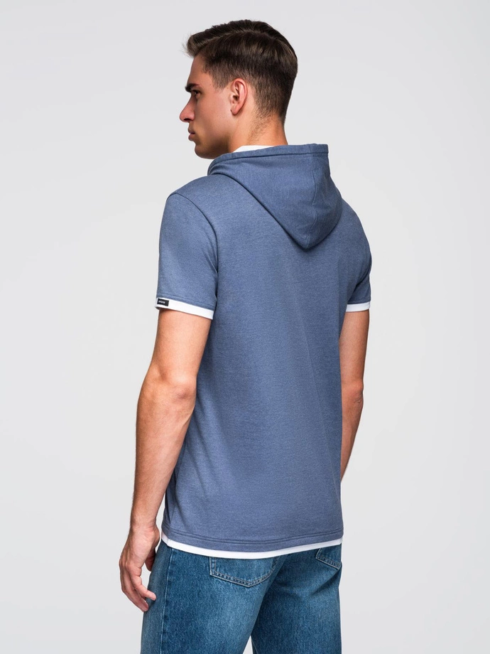 Men's hooded cotton t-shirt - dark blue melange V12 OM-TSCT-0256
