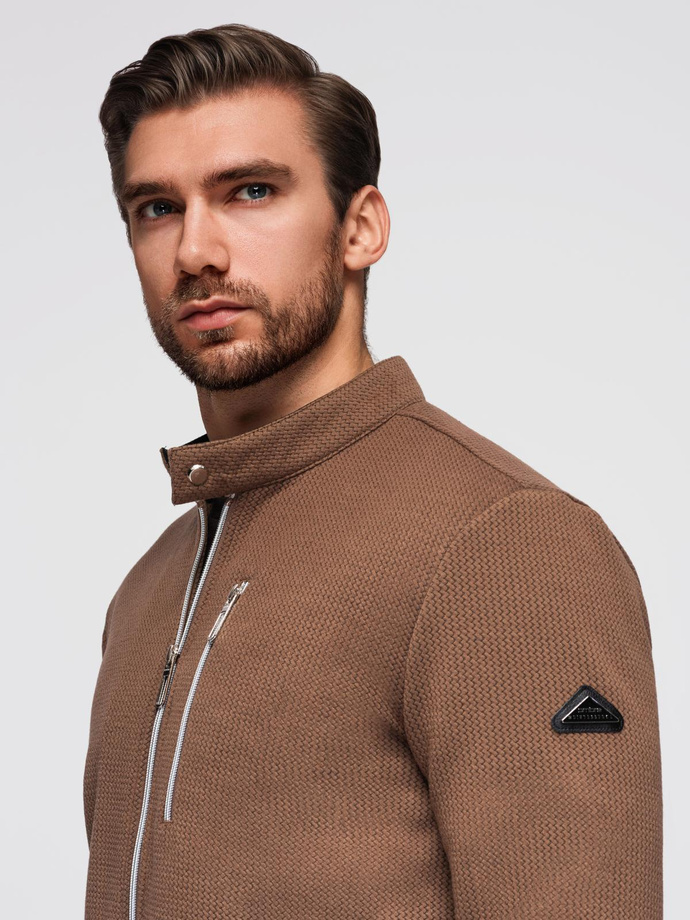 Jachetă biker structurată pentru bărbați cu guler înalt - maro V2 OM-JANP-0229