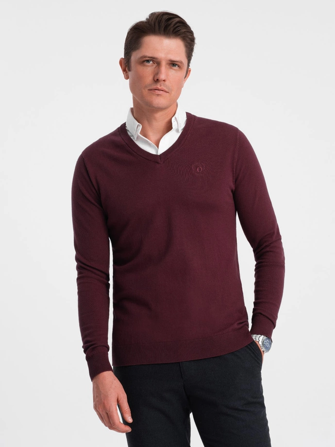 Men's sweater with a "v-neck" neckline with a shirt collar - maroon V8 OM-SWSW-0102