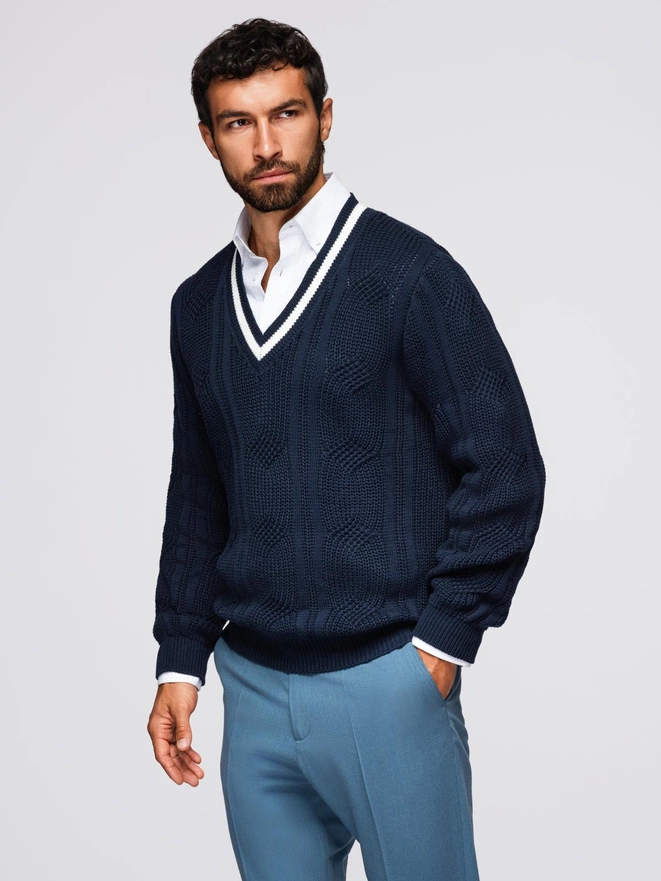 Knitted monochrome men's viscose cardigan - navy blue V1 OM-SWCD-0126