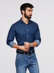 Men's denim shirt with lyocell and embroidery on chest - dark blue V1 OM-SHDS-0180