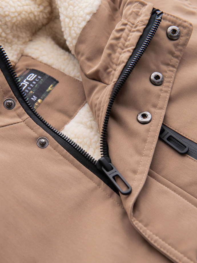 Pánská dlouhá bunda sherpa parka - béžová V1 OM-JALJ-0181