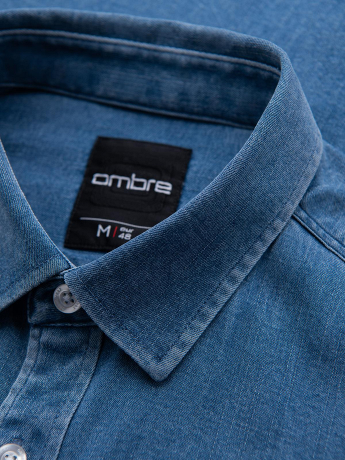 Men's denim shirt with lyocell and embroidery on the chest - blue V2 OM-SHDS-0180