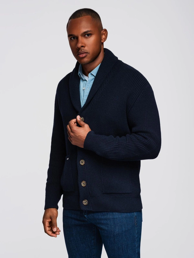 Men's cotton cardigan sweater with shawl collar - navy blue V1 OM-SWCD-0153