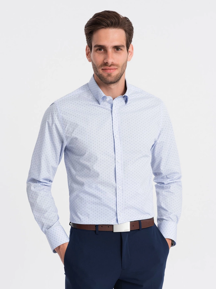 Cămașă bărbătească din bumbac clasic SLIM FIT cu model micro - albastru V7 OM-SHCS-0156