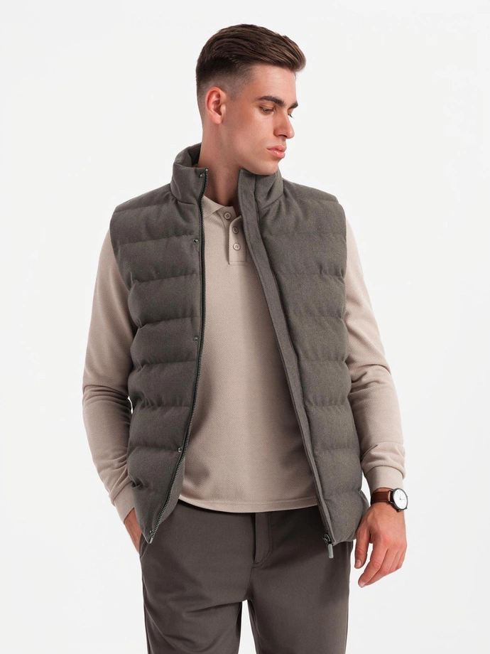 Men's quilted wool sleeveless jacket - olive melange V4 OM-JAVJ-0200