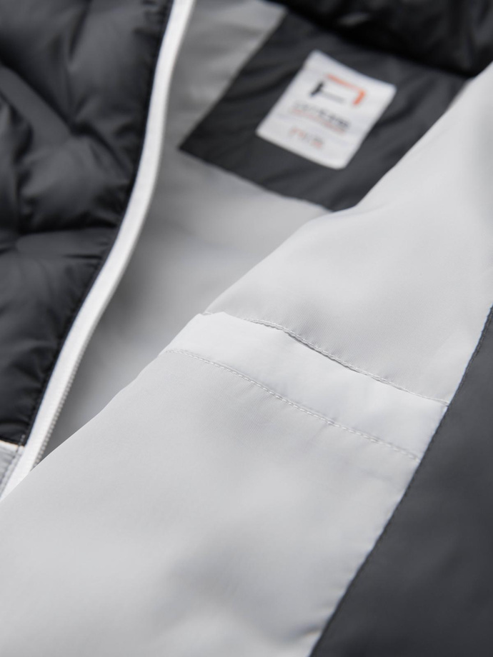 Pánská prošívaná bunda s odepínací kapucí - grafitová a bílá V3 OM-JALP-0206