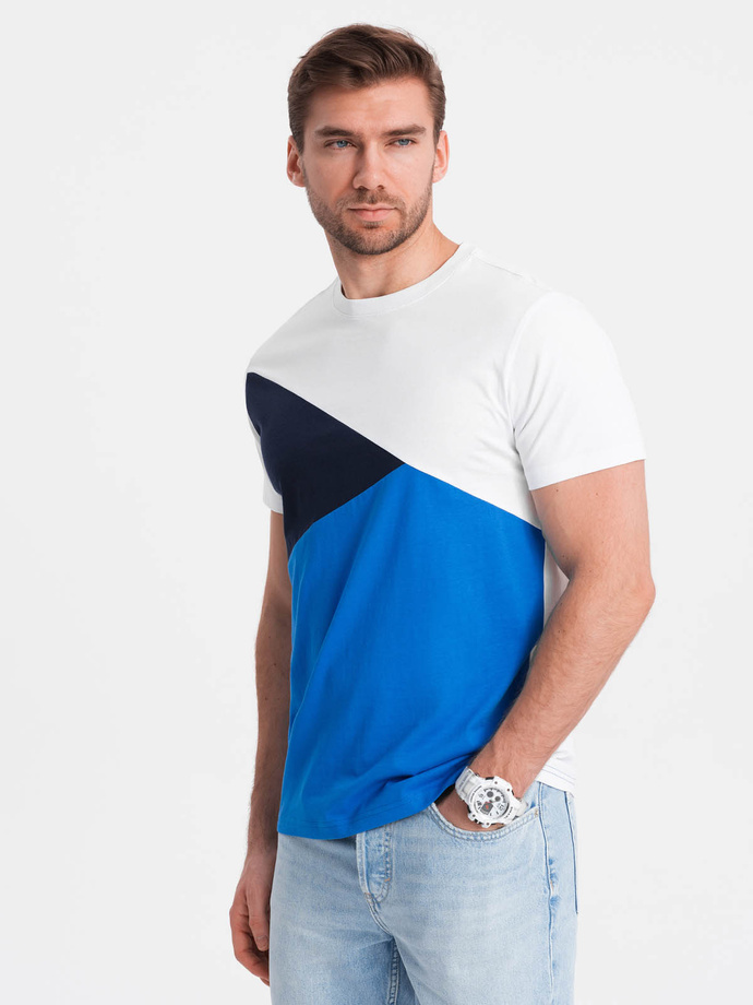 Men's tricolor cotton t-shirt - white and blue V4 OM-TSCT-0174
