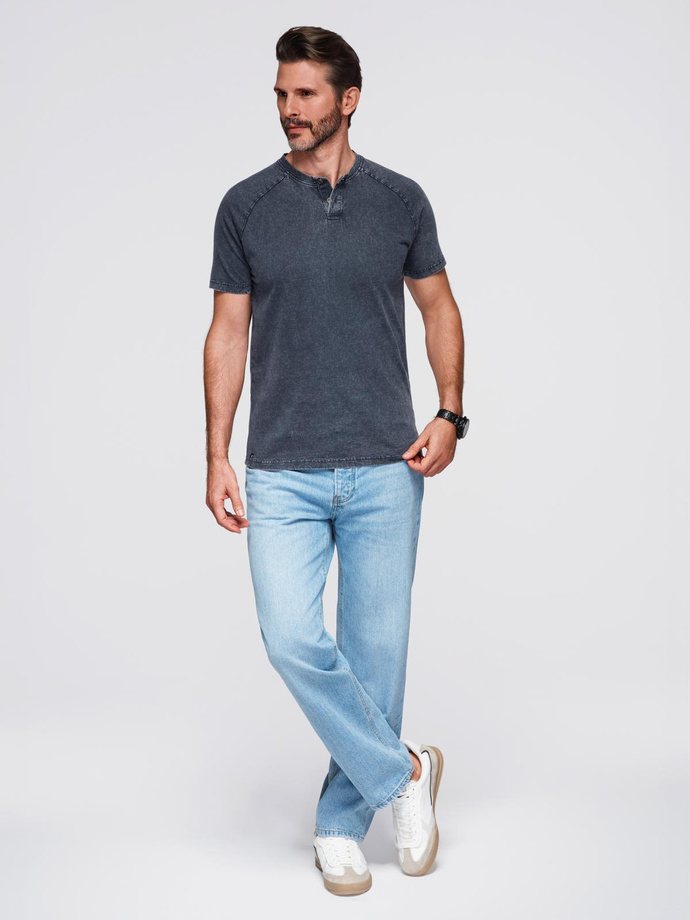 Pánské tričko s pracím efektem a knoflíky u výstřihu - tmavě modré V2 OM-TSWT-0150