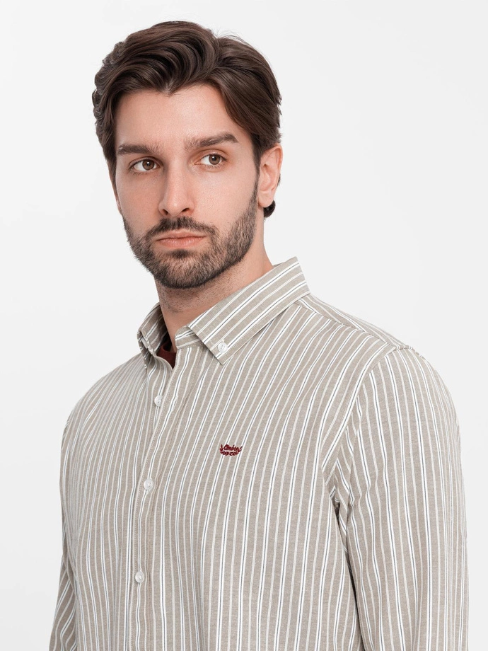 Men's cotton REGULAR FIT shirt with fine stripes - beige V1 OM-SHOS-0170