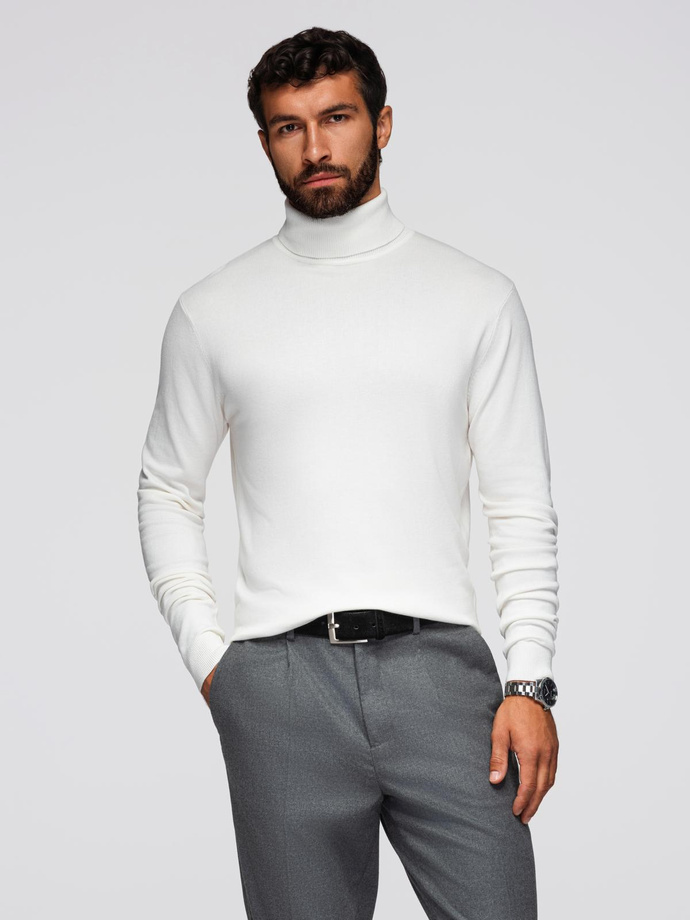 Men's knitted fitted turtleneck with viscose - ecru V3 OM-SWTN-0101