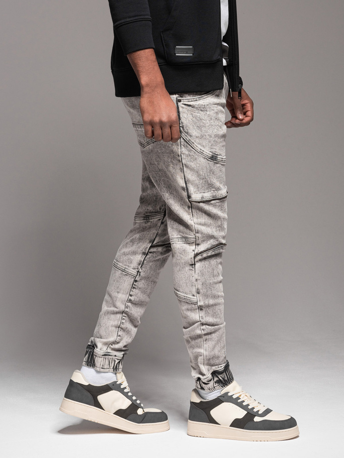 Men's denim jogger pants with rips and zippers - gray V4 OM-PADJ-0243