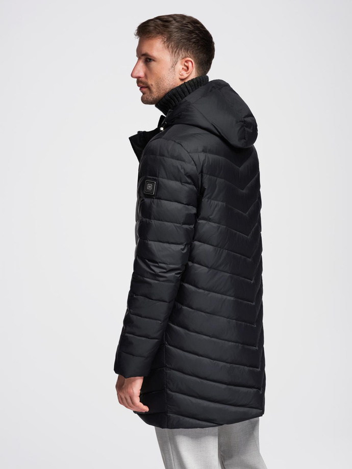 Men's long quilted jacket with natural filling - black V1 OM-JALJ-0212