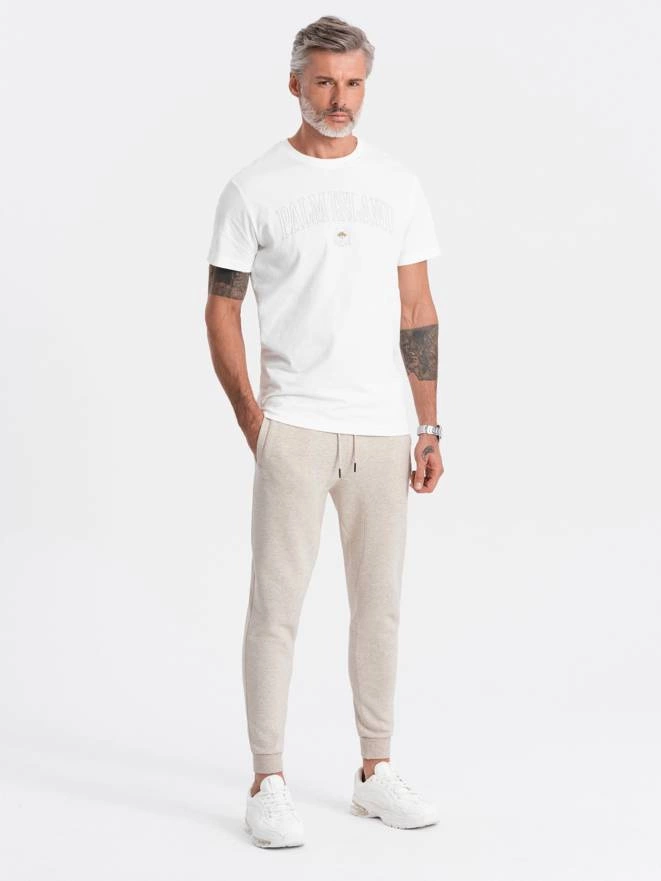 Men's sweatpants in pleasant knit fabric - cream melange V1 OM-PASK-0131