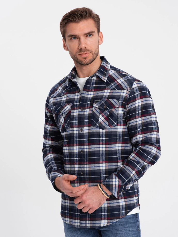 Men's checkered flannel shirt with pockets - navy blue and red V2 OM-SHCS-0149