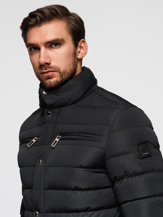Men's quilted jacket with stand-up collar and chest zips - black V1 OM-JALP-0260