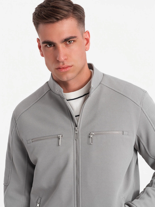 Men's biker jacket with pockets and collar - grey V3 OM-JALP-0157