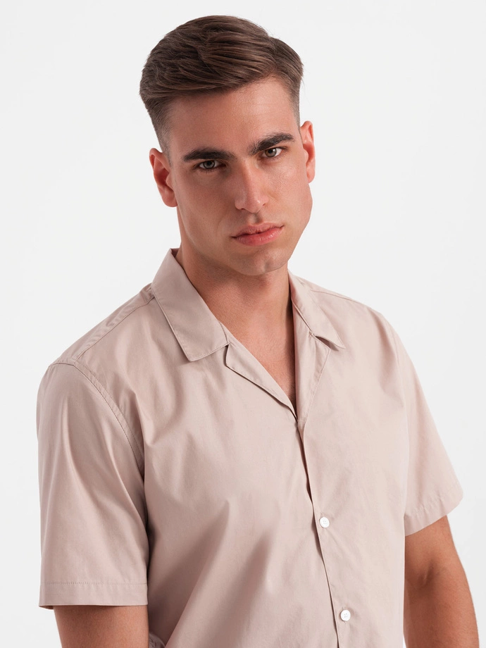 Men's short sleeve shirt with Cuban collar - light brown V6 OM-SHSS-0168
