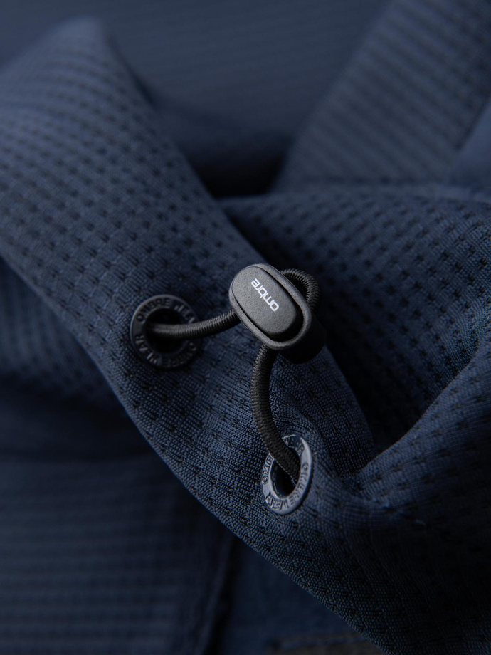 Men's lightweight jacket of combined materials with hood and decorative quilting - navy blue V4 OM-JANP-0160