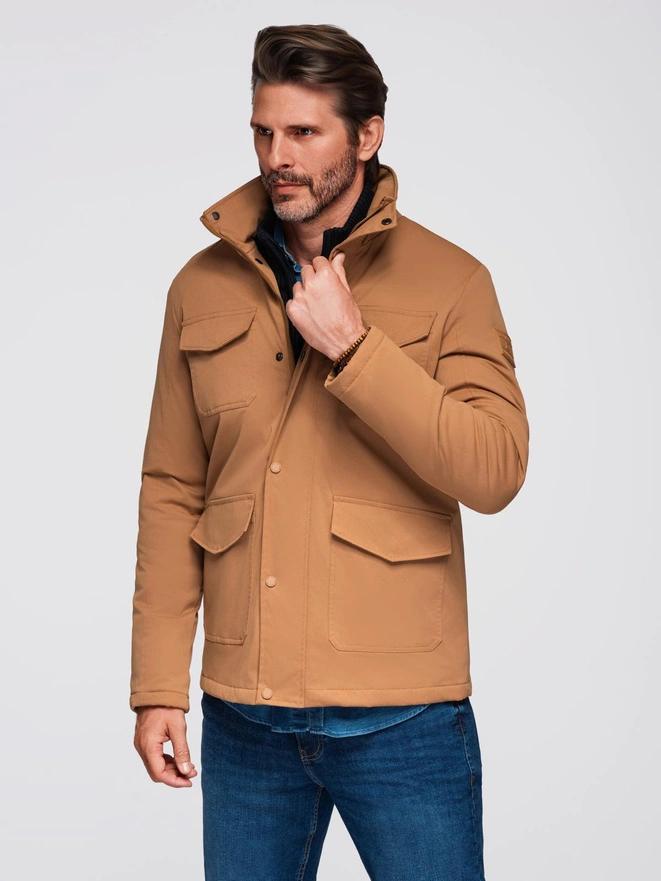 Men's lightweight jacket with pockets and high collar - brown V5 OM-JALP-0167